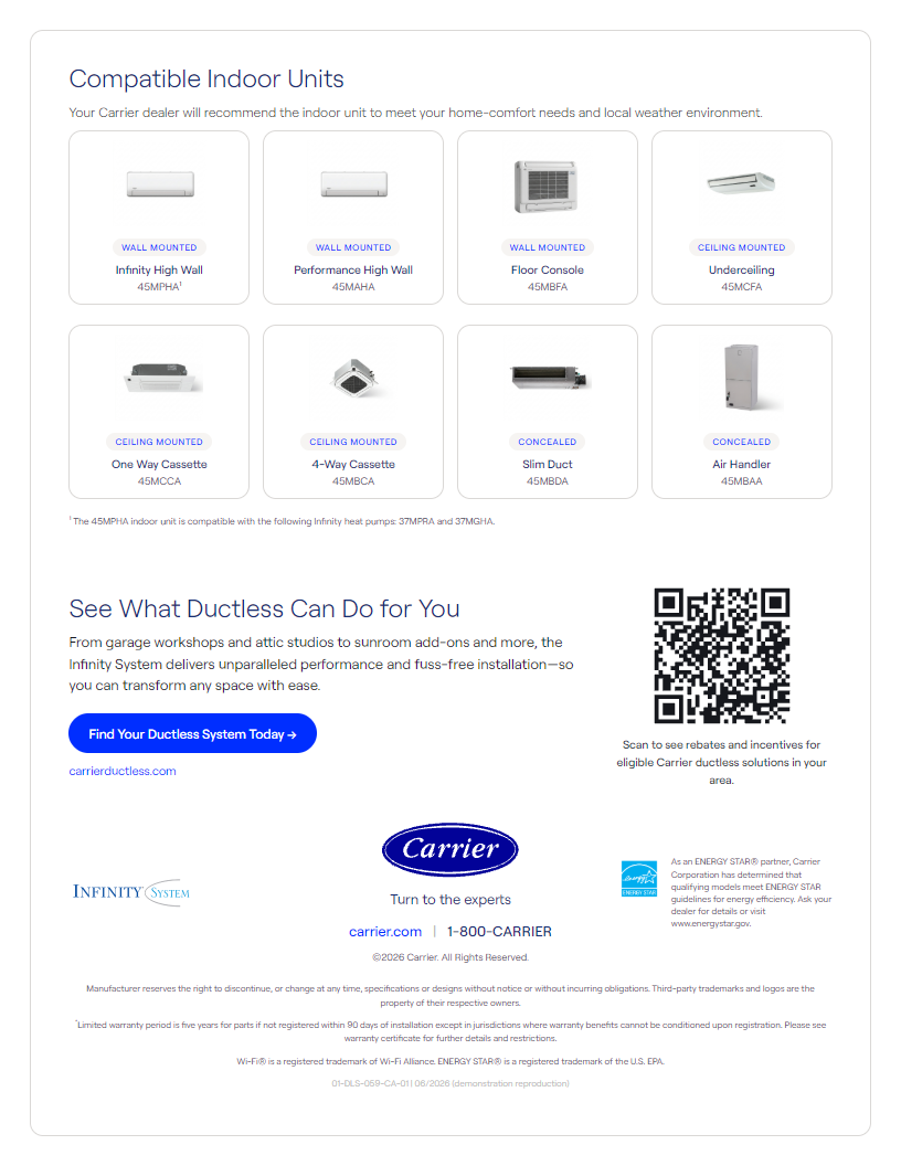 Indoor units + CTA + rebate QR + footer